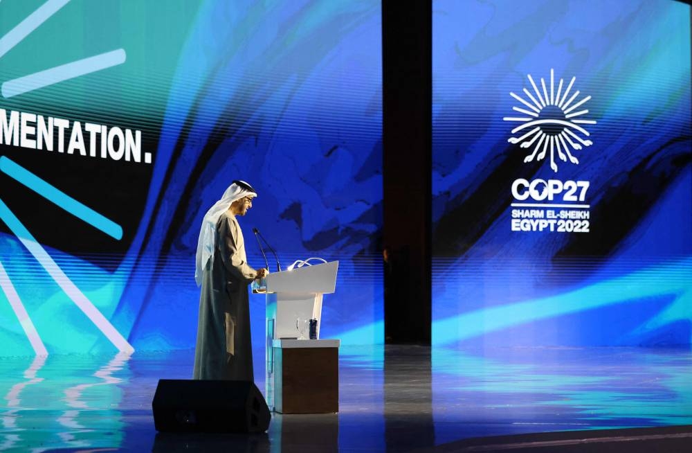 UAE's President Sheikh Mohamed bin Zayed al-Nahyan delivers a speech on the second day of the COP27 climate conference at the Sharm el-Sheikh International Convention Centre, in Egypt's Red Sea resort city of the same name, on November 7, 2022. — AFP pic