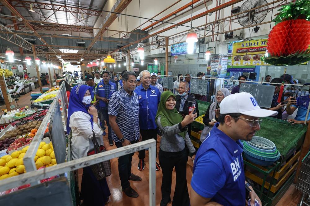 Khairy Jamaluddin, seen with Tan Sri Annuar Musa, greets locals during a walkabout in Taman Saujana Utama, Sungai Buloh November 8, 2022. — Bernama pic