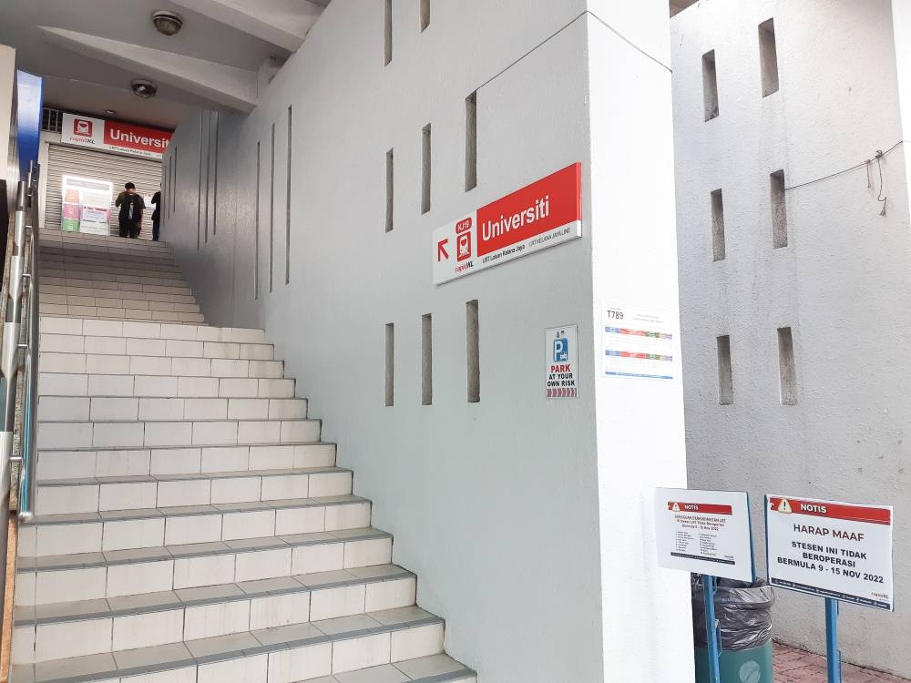 The Universiti LRT station is seen shuttered due to a disruption from November 9 to November 15. Picture taken on November 9, 2022. — Picture by Ida Lim