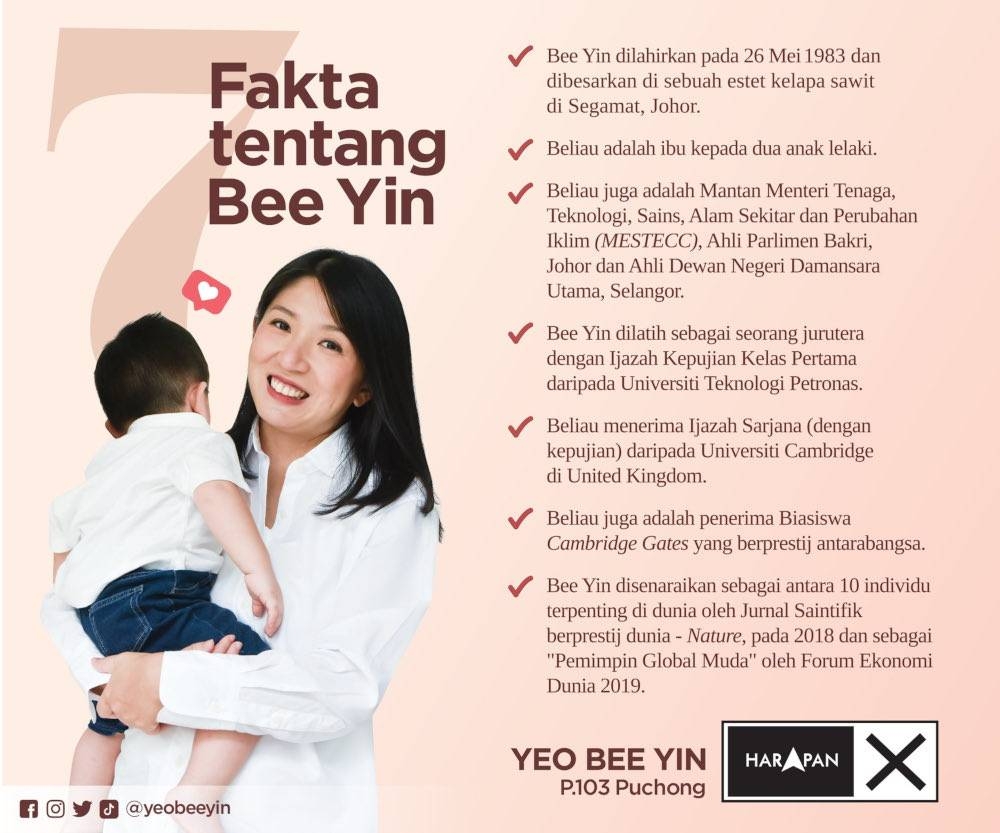 In her GE15 poster, which is available in four languages — Malay, English, Tamil and Mandarin, PH candidate for the Puchong parliamentary seat Yeo Bee Yin shows her biodata and political background. — Picture from Twitter/Yeo Bee Yin