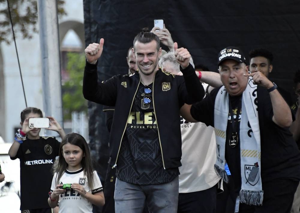 Gareth Bale of Los Angeles FC celebrates during the MLS Cup victory parade and celebration next to Banc of California Stadium in Los Angeles November 6, 2022. — AFP pic