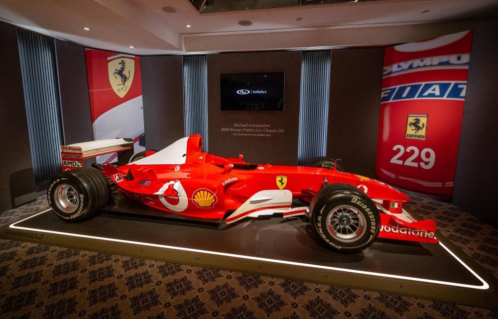 This file photo taken on November 4, 2022 shows F1 World Champion Michael Schumacher's Formula One Ferrari F2003 GA with chassis number 229 during Sotheby's auction house preview in Geneva. — AFP pic