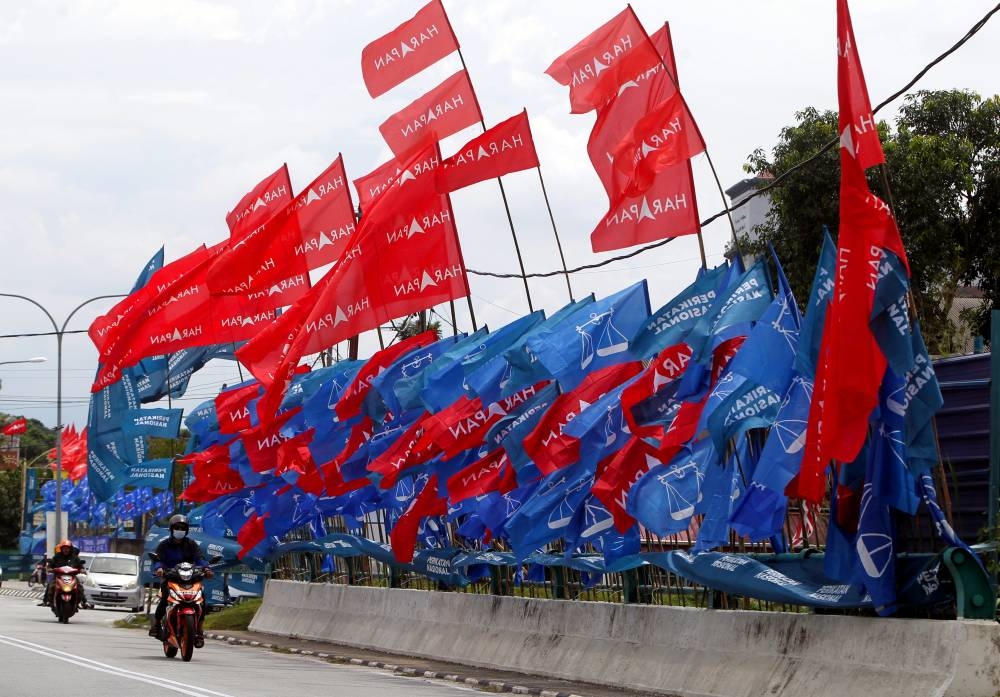 Political party flags line the road in Tambun, Ipoh November 6 2022. — Bernama pic