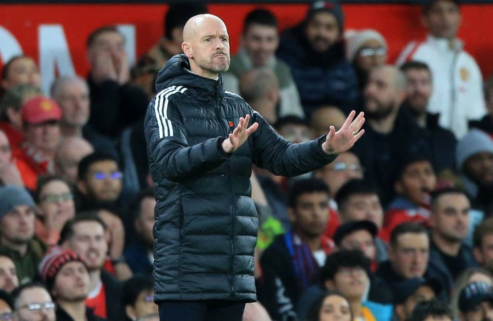 Manchester United's Dutch manager Erik ten Hag gestures during the English League Cup third round football match between Manchester United and Aston Villa at Old Trafford in Manchester, north west England, on November 10, 2022. — AFP pic