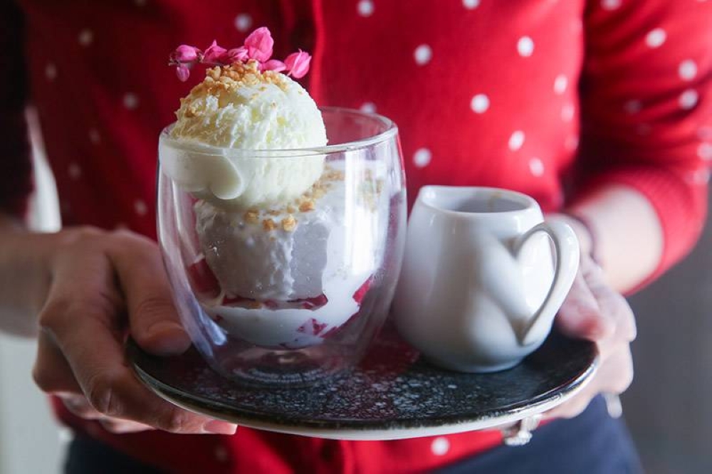Sago Gula Melaka is reimagined with coconut ice cream and crunchy water chestnut