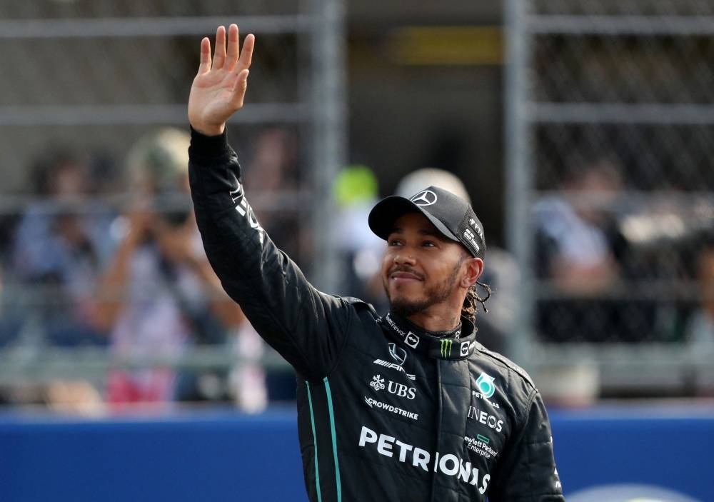 Mercedes' Lewis Hamilton celebrates after qualifying in third position during the Mexico City Grand Prix at Autodromo Hermanos Rodriguez October 29, 2022. — Reuters pic