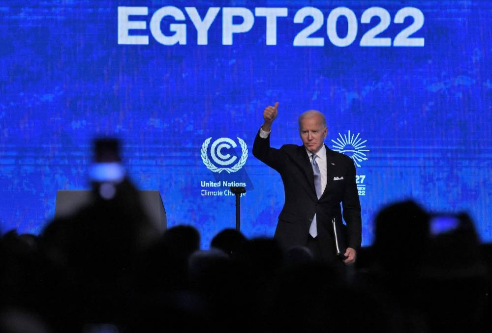 US President Joe Biden gestures after delivering his speech during the COP27 climate conference in Egypt's Red Sea resort city of Sharm el-Sheikh, on November 11, 2022. ― AFP pic