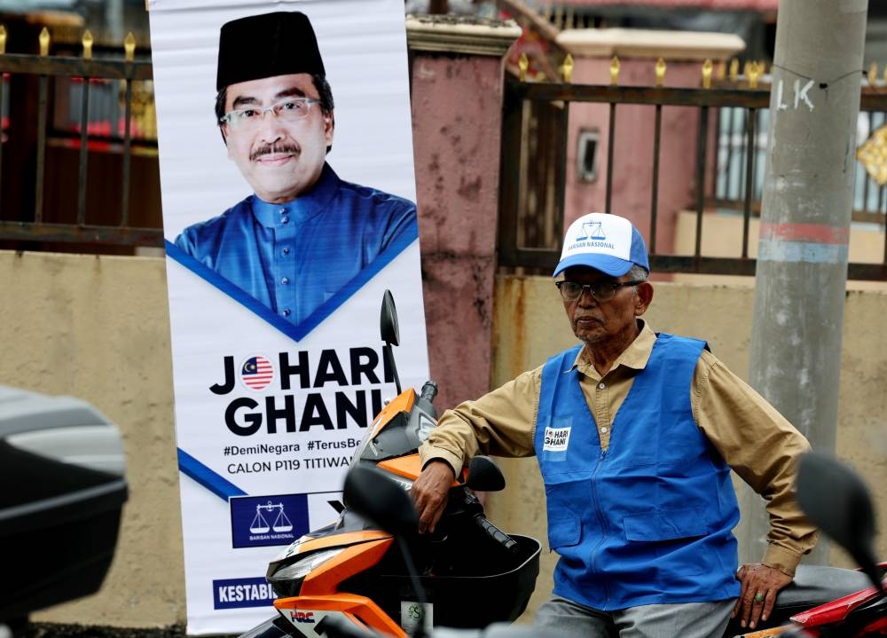 A poster of Titiwangsa candidate Datuk Seri Johari Abdul Ghani is seen in Datuk Keramat, Kuala Lumpur November 10, 2022. ― Bernama pic