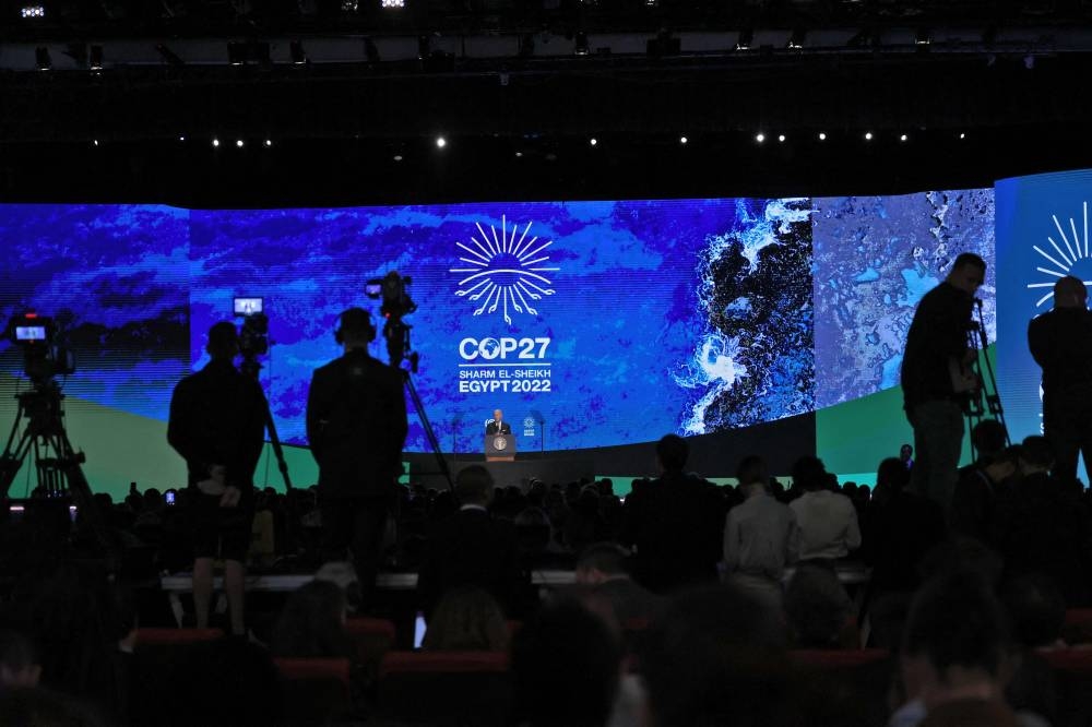 US President Joe Biden delivers a speech during the COP27 summit in Egypt’s Red Sea resort city of Sharm el-Sheikh, on November 11, 2022.. ― AFP pic