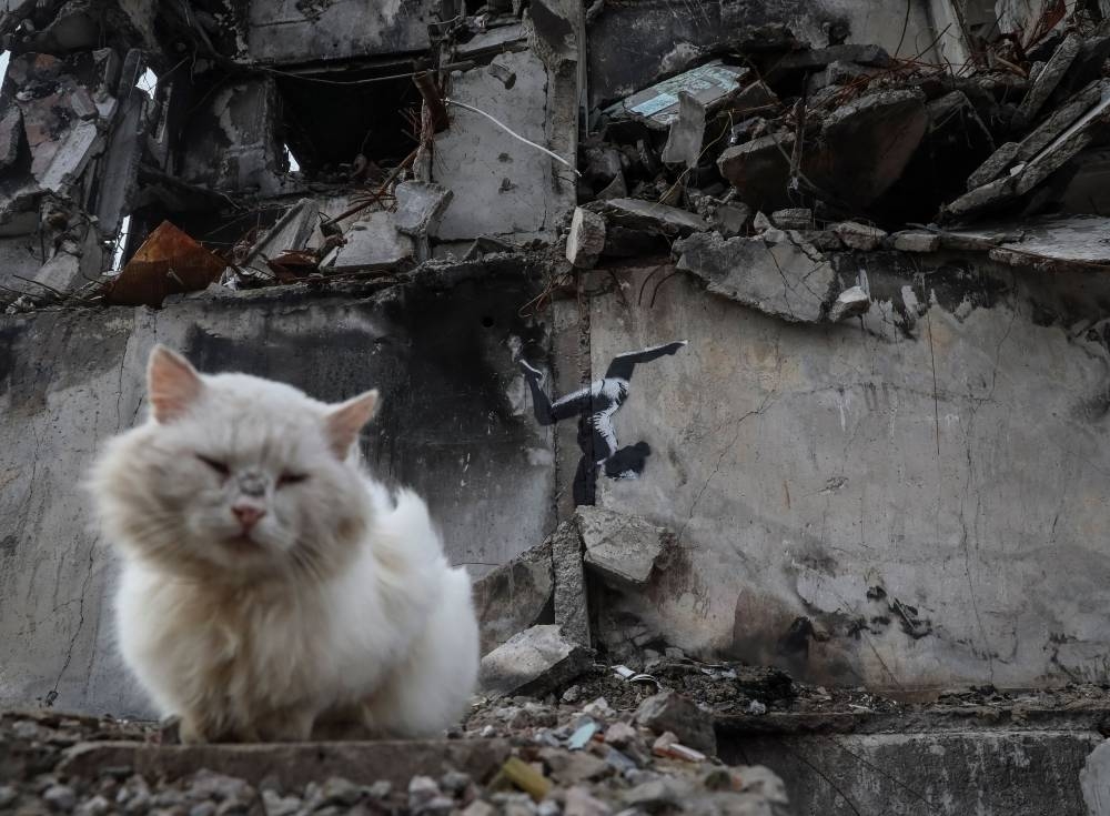 A cat sits near a work of world-renowned graffiti artist Banksy at the wall of destroyed building in the Ukrainian town of Borodianka, which had been occupied by Russia until April and heavily damaged by fighting in the early days of Russian invasion, November 12, 2022. ― Reuters pic