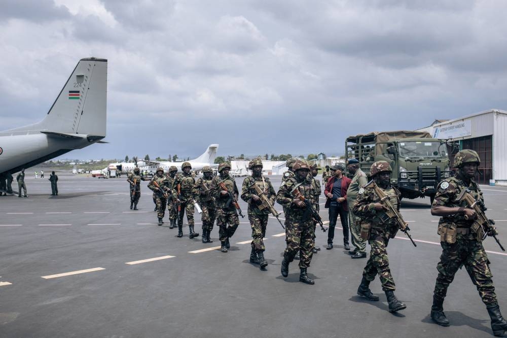 Kenyan soldiers land in the city of Goma, eastern Democratic Republic of Congo on November 12, 2022, as part of a regional military operation targeting rebels in the region. — AFP pic