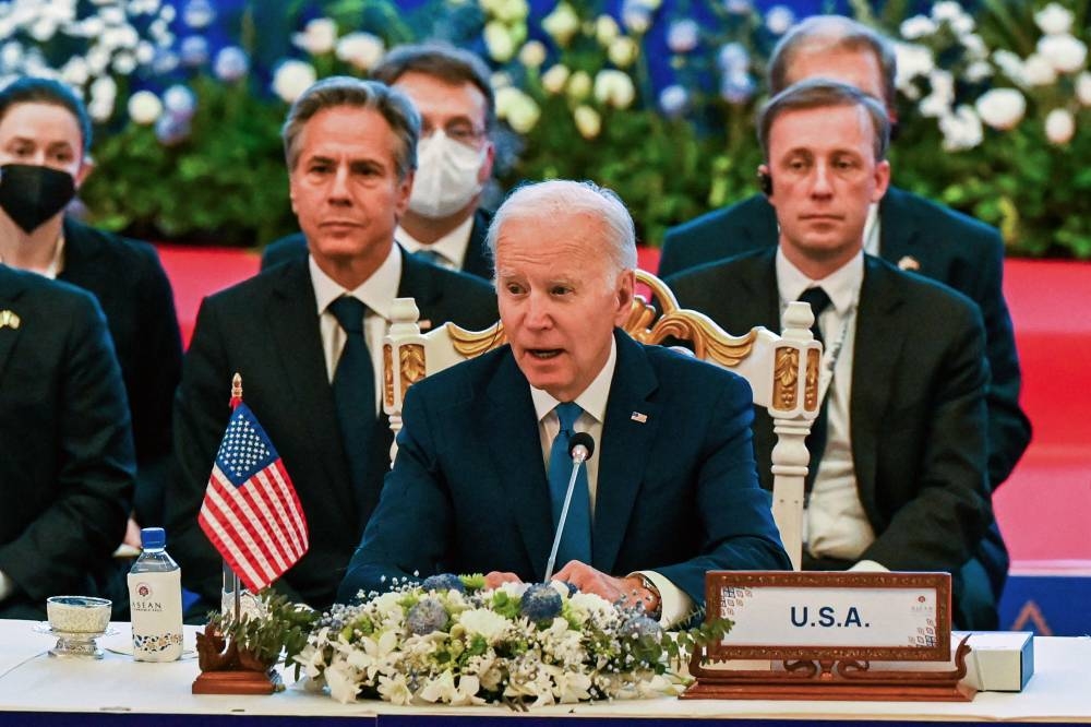 US President Joe Biden (centre) speaks during the Asean-US summit as part of the 40th and 41st Association of South-east Asian Nations (Asean) Summits in Phnom Penh on November 13, 2022. — AFP pic