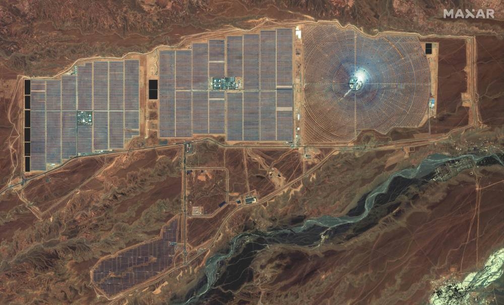 This handout satellite imagery released by Maxar Technologies on May 20, 2021 shows a view of the Noor Solar Park about 10 kilometres northeast of the town of Ouarzazate in Morocco's southern Draa valley in the Tafilalet region. — AFP pic