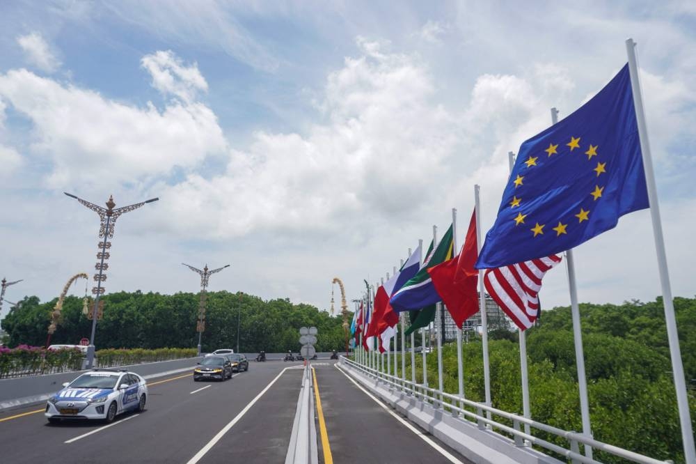 Flags of the participating countries line a highway leading to the venue of the G20 Bali Summit in Nusa Dua, Bali on November 12, 2022. — AFP pic