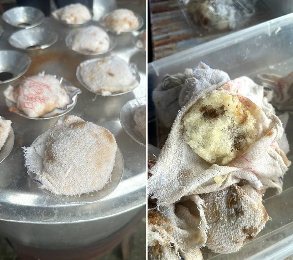 The 'kuih' is steamed wrapped in cloth hence its other name is 'kuih dalam kain' (left). This version is more pale yellow which is the natural hue of cassava (right).