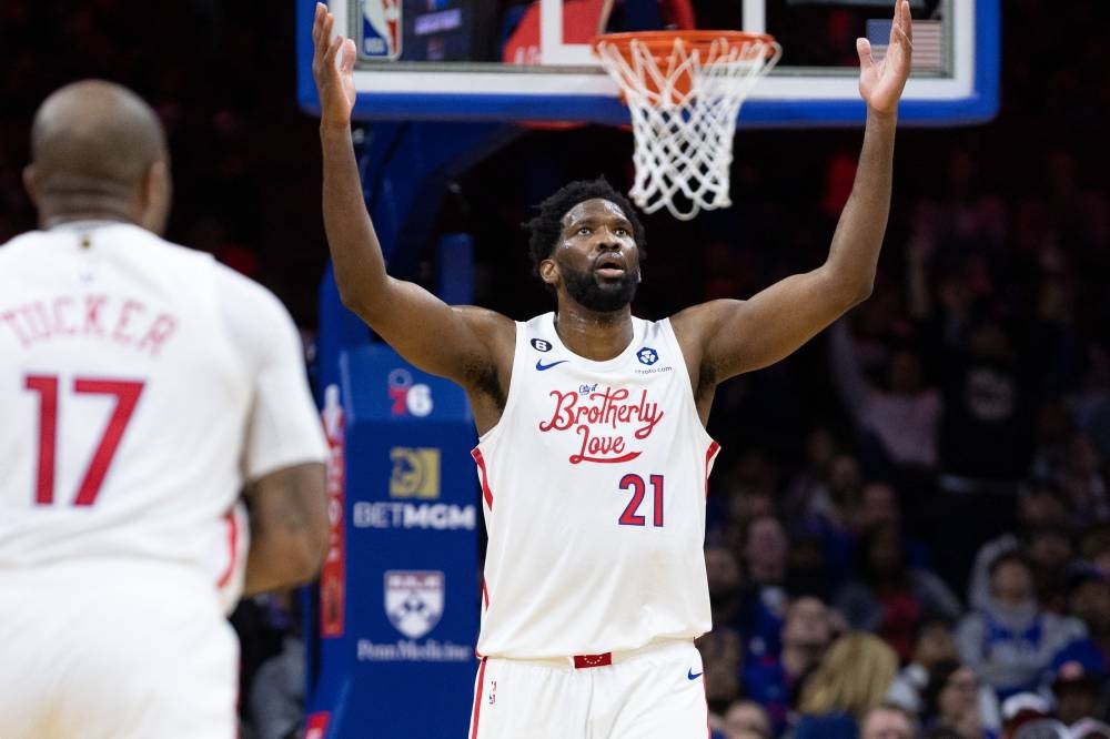 Philadelphia 76ers center Joel Embiid (21) reacts after scoring against the Utah Jazz during the second quarter at Wells Fargo Center in Pennsylvania November 13, 2022. — Reuters pic