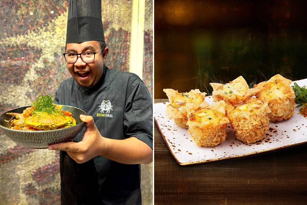 Ketam Viral’s Chef Wan Rathnor (left) and his signature Flower Tofu, packed with savoury prawns (right).