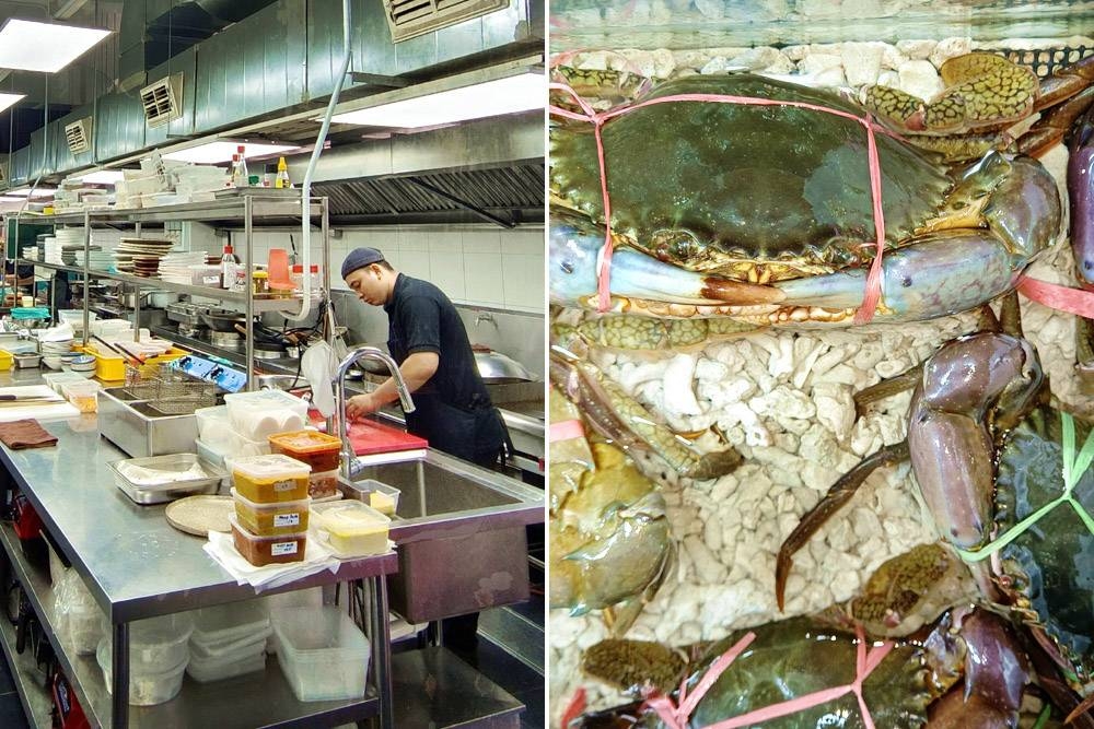 The well-equipped kitchen (left). Fresh, 'live' crabs (right).