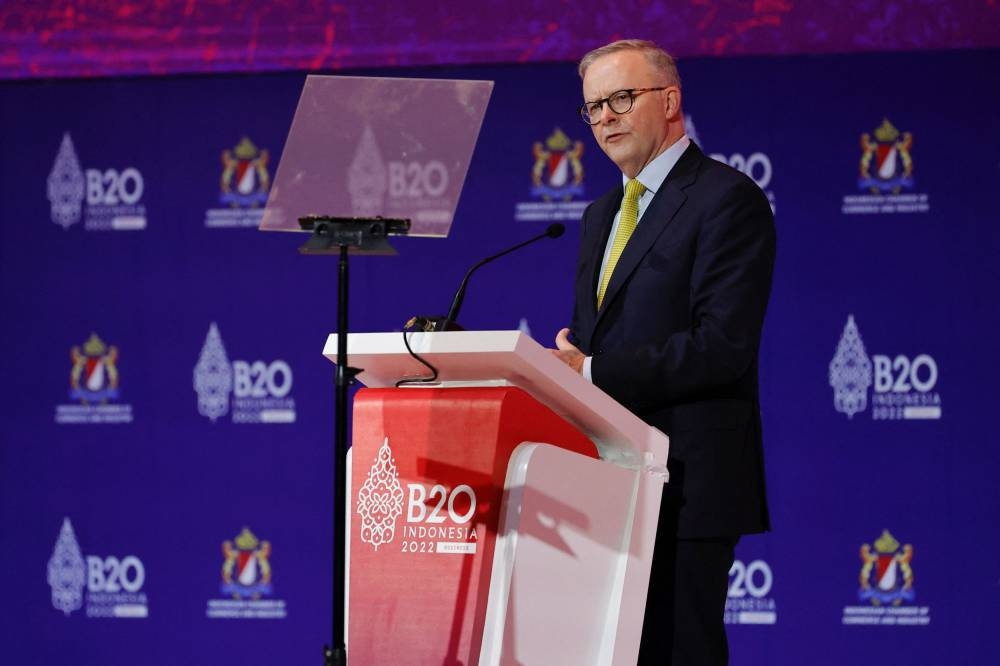 Australian Prime Minister Anthony Albanese delivers his speech during the B20 Summit, ahead of the G20 leaders' summit, in Nusa Dua, Bali November 14, 2022. — Reuters pic