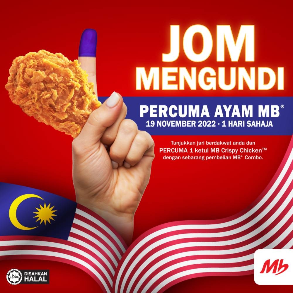 Get a piece of chicken for free after performing your civic duties at Marrybrown. — Picture via Facebook/ Marrybrown Malaysia