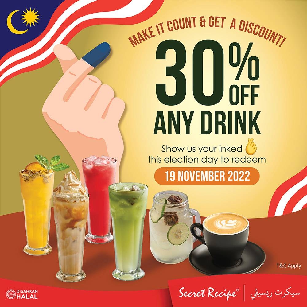 There will be a 30 per cent discount on any drinks at Secret Recipe outlets across Malaysia. — Picture via Facebook/ Secret Recipe Malaysia