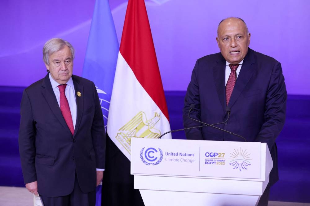 Egyptian Foreign Minister and Egypt's COP27 President Sameh Shoukry and United Nations Secretary General Antonio Guterres deliver statements on progress made on the penultimate day of COP27, during the COP27 climate summit in Red Sea resort at Sharm el-Sheikh, Egypt, November 17, 2022. — Reuters pic