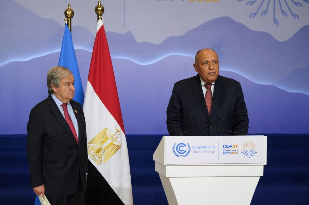 File photo of Egyptian Foreign Minister and Egypt’s COP27 President Sameh Shoukry and United Nations Secretary General Antonio Guterres delivering statements on progress made on the penultimate day of COP27, during the COP27 climate summit in Red Sea resort at Sharm el-Sheikh, Egypt, November 17, 2022. — Reuters pic