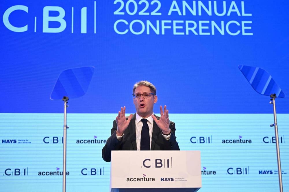Confederation of Business Industry (CBI) director general Tony Danker addresses the annual CBI conference at the Vox Conference Centre in Birmingham on November 21, 2022. — AFP pic