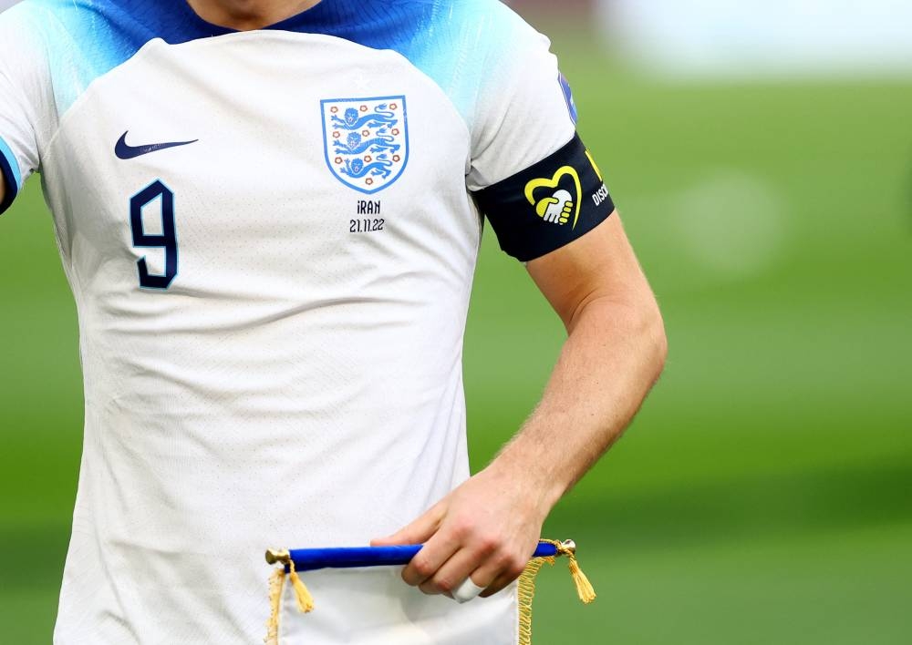 England's Harry Kane wears a OneLove armband before the match  against Iran at the Khalifa International Stadium, Doha November 21, 2022. — Reuters pic