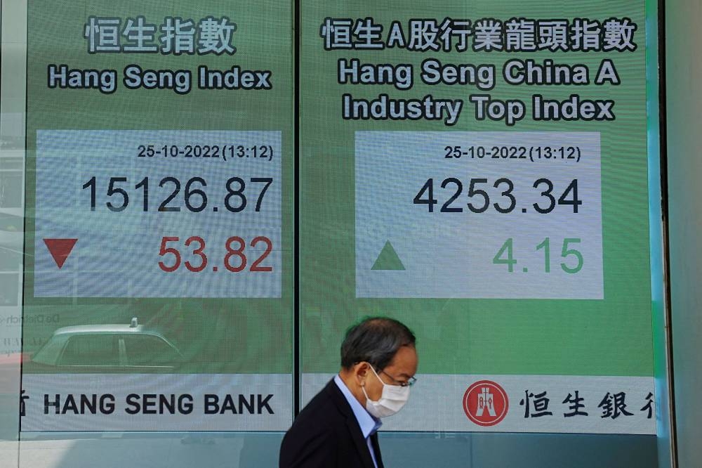 A person walks past a screen displaying the Hang Seng stock index at Central district, in Hong Kong, China, October 25, 2022. — Reuters pic