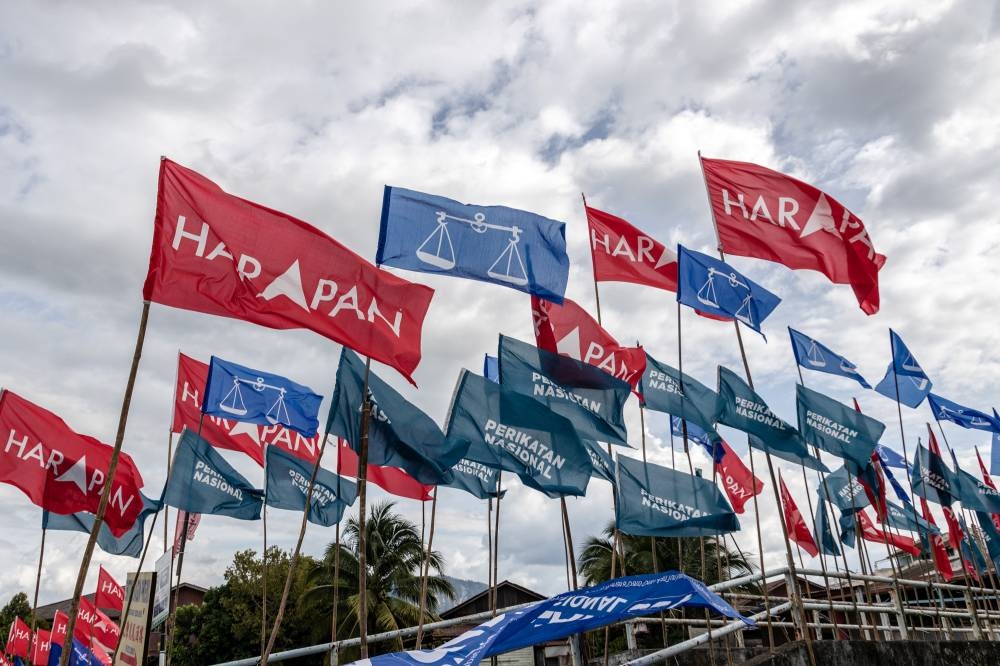 Party flags are seen during election campaign in Bentong, Pahang on November 9, 2022. — Picture by Firdaus Latif