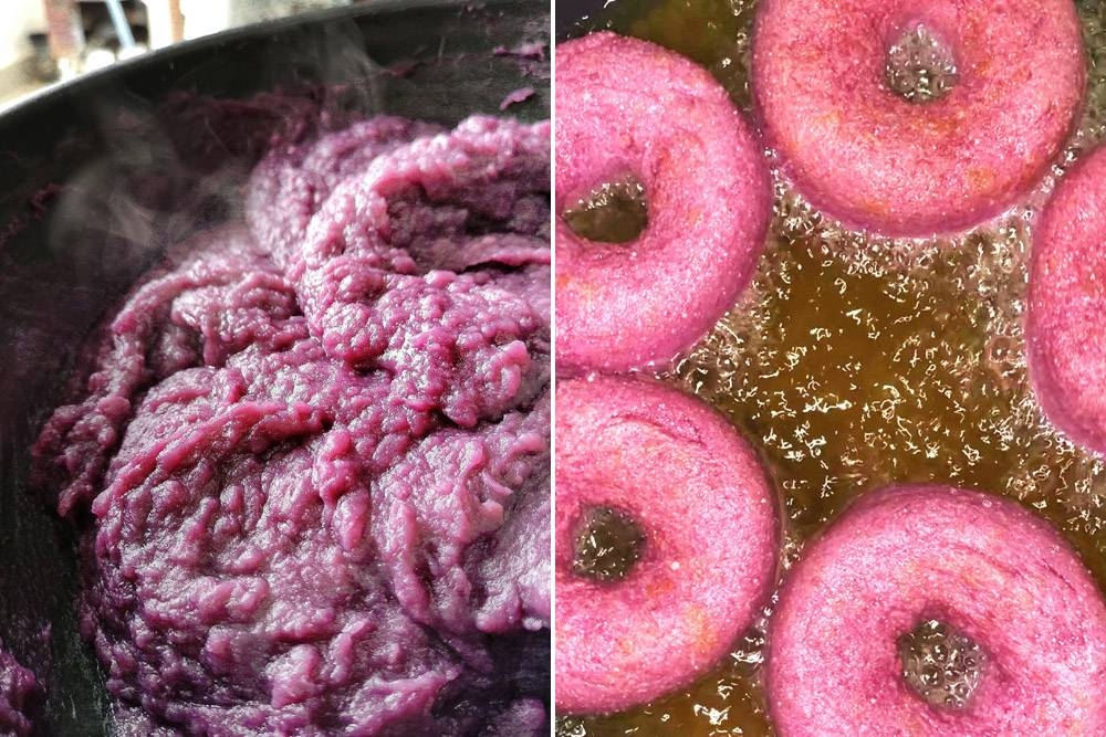 Zǐ shǔ xiàn' or purple sweet potato filling (left) is used for their purple sweet potato sourdough doughnuts (left).