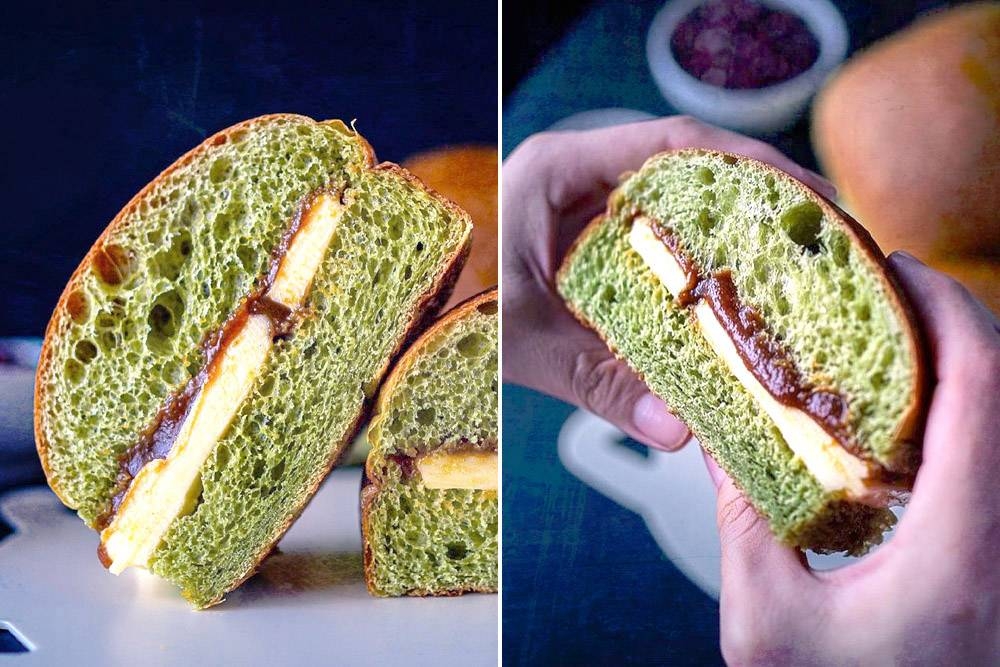 Fluffy matcha buns are best enjoyed with some thick red bean paste and cold butter.