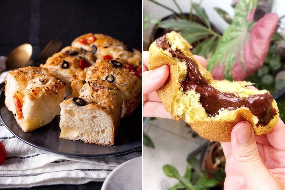 New products include focaccia (left) and chocolate custard buns (right).