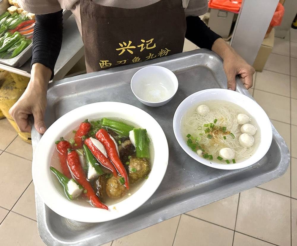 Enjoy your selection of 'yong tau foo' with clear soup and noodles.