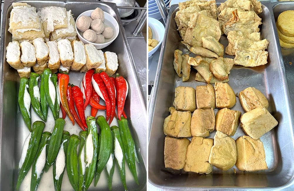 Select from trays of 'yong tau foo' made batch by batch such as pig skin, chillies or lady's fingers stuffed with fish paste (left). You can pick from various deep fried items filled with fish paste (right).