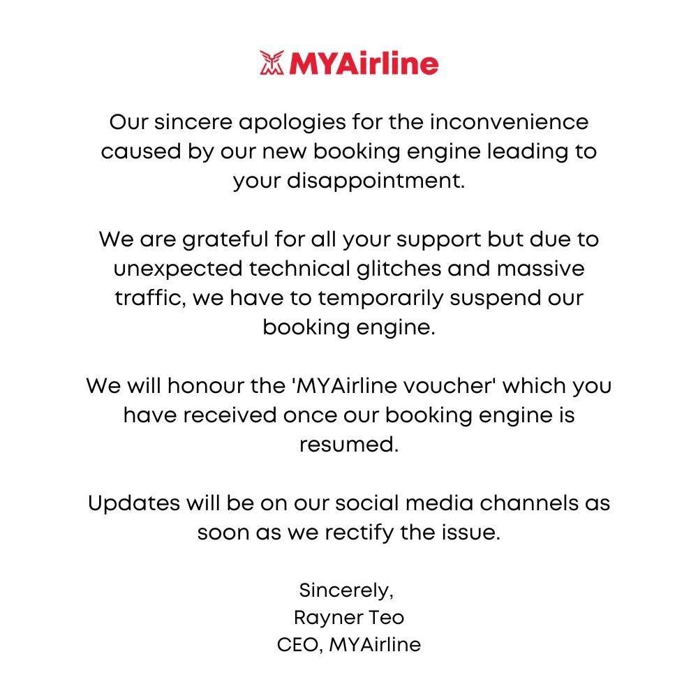 MYAirline apologises for technical glitch, flight bookings now accessible for Dec 2022 to Jan 2023