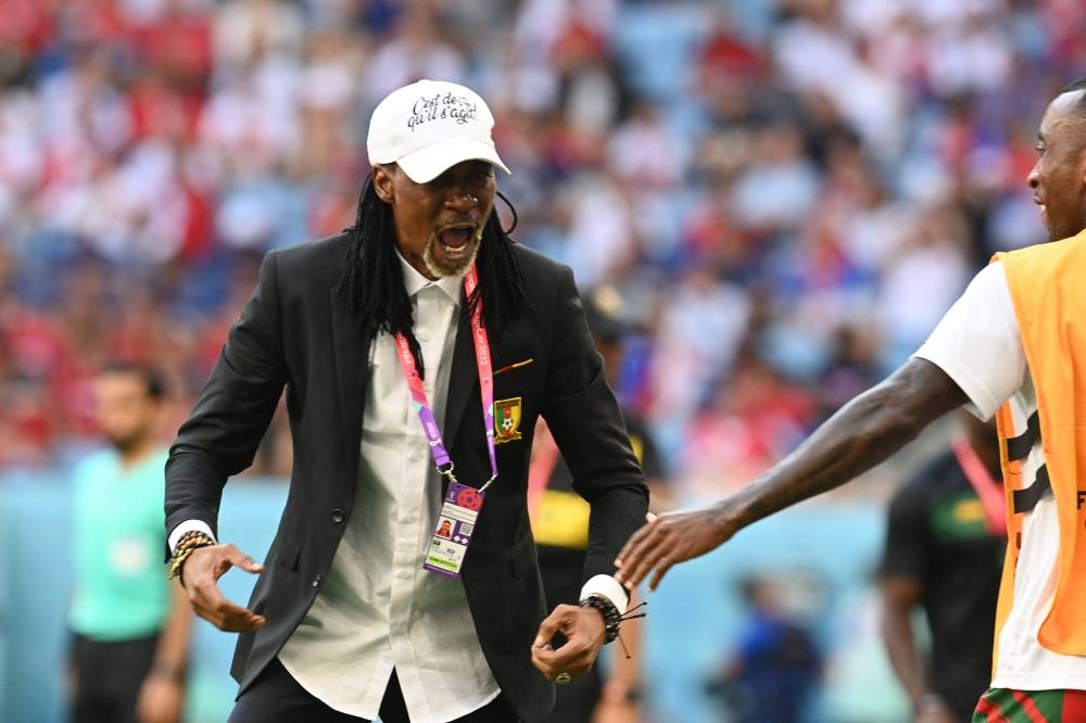 Cameroon’s coach Rigobert Song reacts after his team scored the first goal during the Qatar 2022 World Cup Group G match between Cameroon and Serbia at the Al-Janoub Stadium in Al-Wakrah, south of Doha, November 28, 2022. — AFP pic 