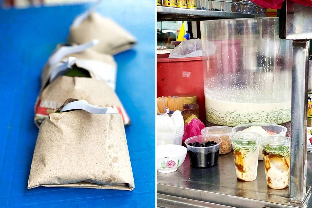 Packets of 'nasi lemak' (left). Takeaway cups of 'ais kacang' (right).