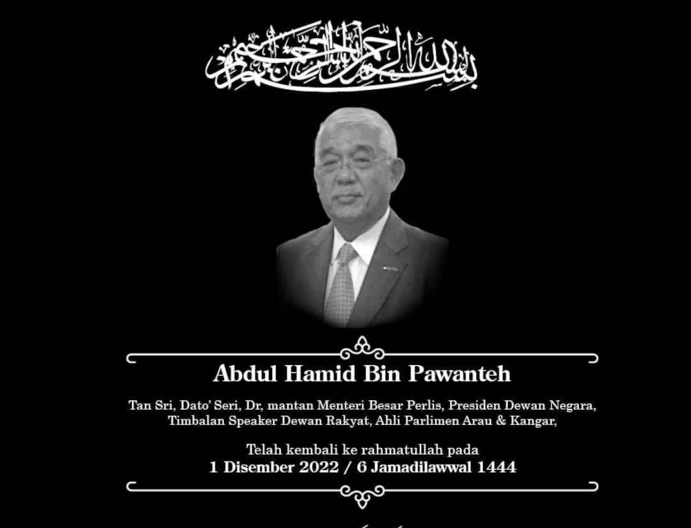 Former mentri besar of Perlis Tan Sri Abdul Hamid Pawanteh breathed his last at about 3.15pm, in the company of his family members. — Picture from Twitter/Bernama  