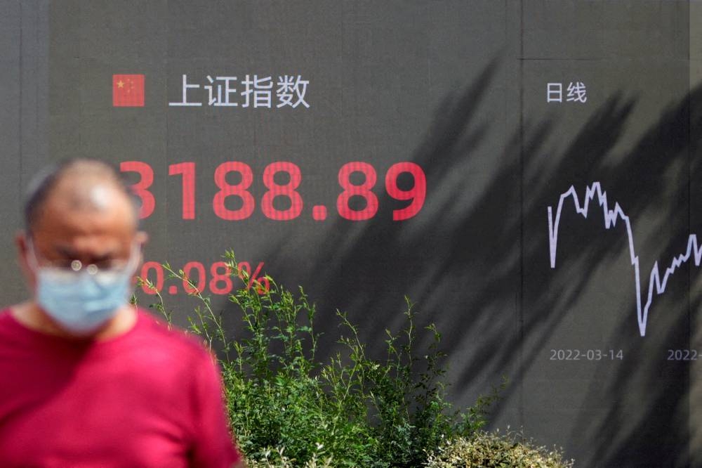A pedestrian walks past a giant display showing the Shanghai stock index, in Shanghai, China August 3, 2022. — Reuters pic