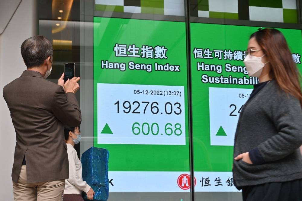 Pedestrians pass an electronic board showing the numbers for the Hang Seng Index in Hong Kong on December 5, 2022. — AFP pic 