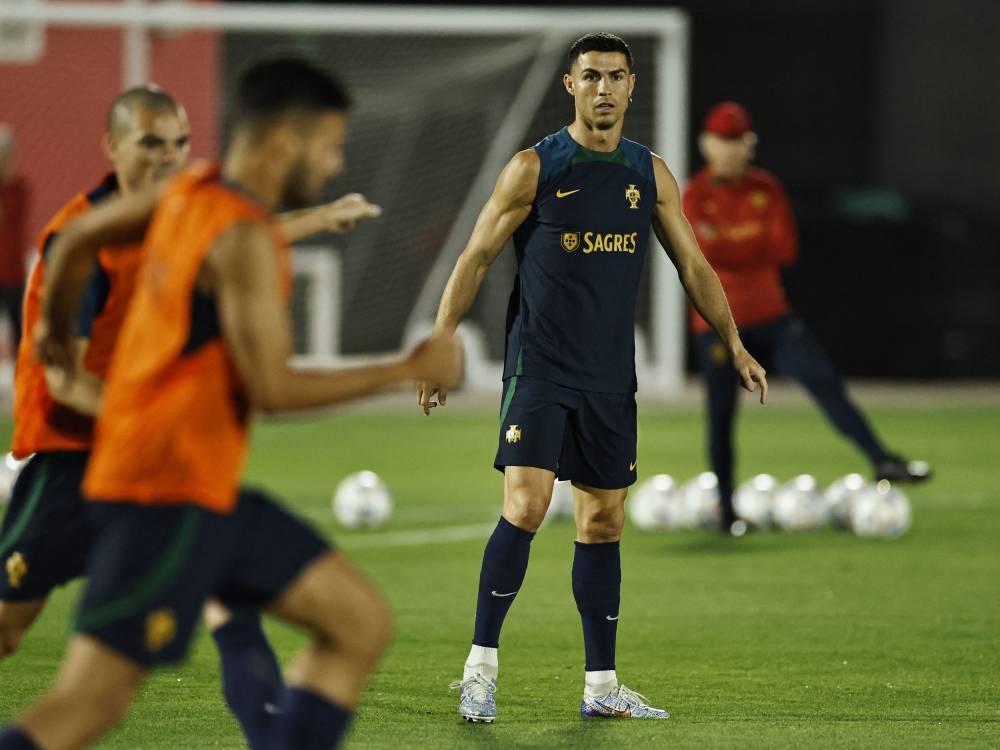 Portugal's Cristiano Ronaldo during a training session in Al-Shahaniya, Qatar December 8, 2022. ― Reuters pic
