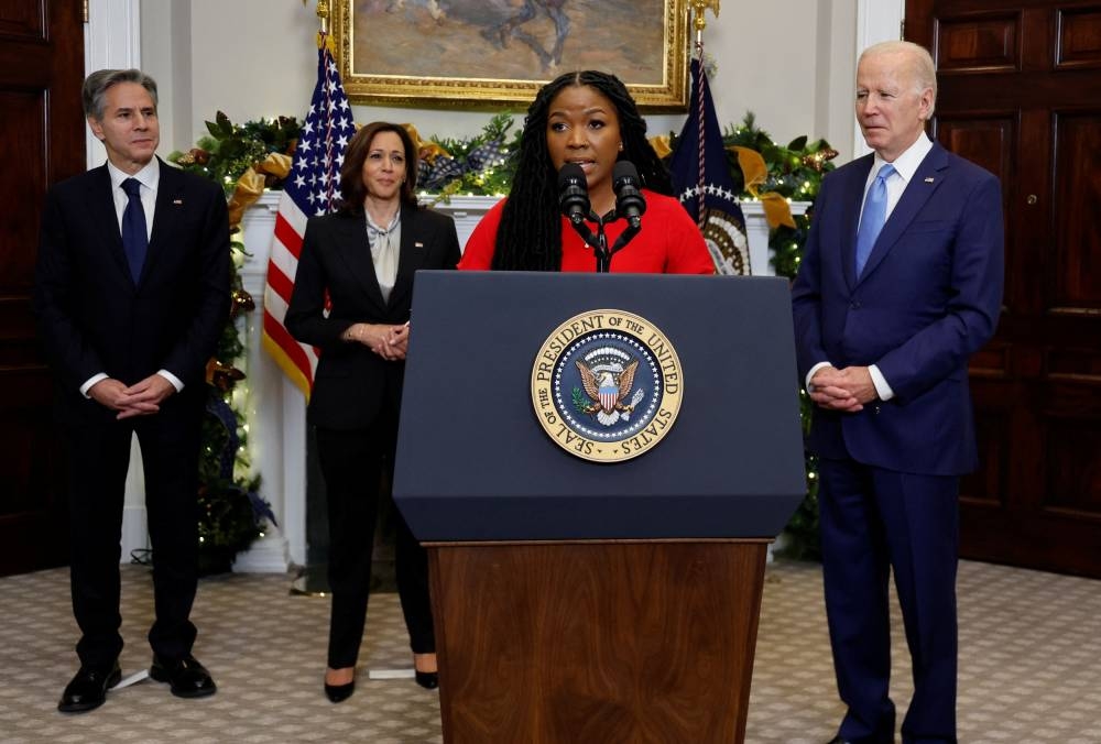 Cherelle Griner discusses the release by Russia of her wife, WNBA basketball star Brittney Griner, as US Secretary of State Antony Blinken, Vice President Kamala Harris and President Joe Biden listen, at the White House in Washington December 8, 2022. ― Reuters pic