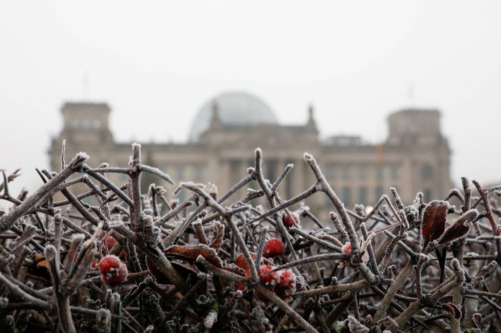 The Reichstag, site of the German lower house of parliament or Bundestag, stands behind frozen bushes in Berlin, Germany December 9, 2022. — Reuters pic