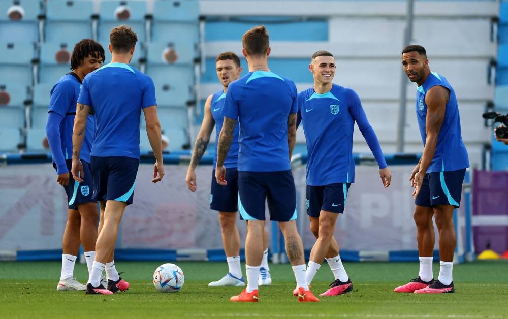 England's Phil Foden, Callum Wilson and teammates during a training session ahead of the match against France, December 9, 2022. ― Reuters pic