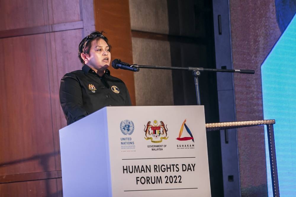 Minister in the Prime Minister's Department (Law and Institutional Reform) Datuk Seri Azalina Othman speaks during the Forum Human Rights Day 2022, Strengthening and Enhancing Human Rights Towards Living No One Behind at Hotel Royal Chulan Kuala Lumpur December 12, 2022. — Picture by Hari Anggara