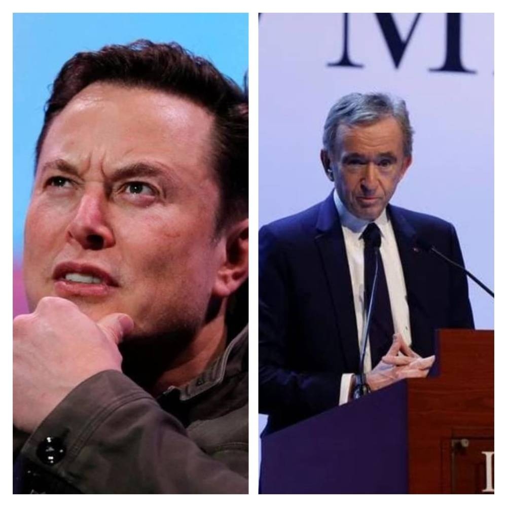 Elon Musk (left) is no longer the world's richest person, losing the title to French luxury goods company LVMH chairman and CEO Bernard Arnault. — Pictures via Reuters