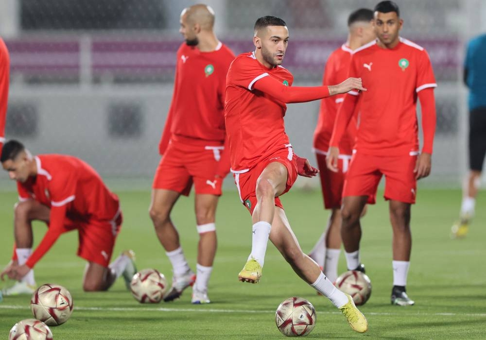 Morocco’s midfielder Hakim Ziyech takes part in a training session at the Al Duhail SC Stadium in Doha, December 13, 2022, on the eve of the Qatar 2022 World Cup football semi-final match between France and Morocco. — AFP pic 