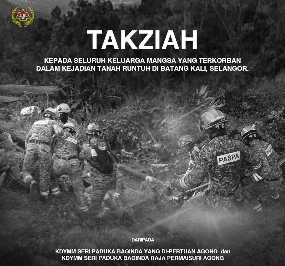 In a posting on Istana Negara’s official Facebook page, Their Majesties also expressed sadness over the tragedy and hoped that the families would be patient and resolute in facing such a challenging and sad moment. — Picture from Facebook/Istana Negara